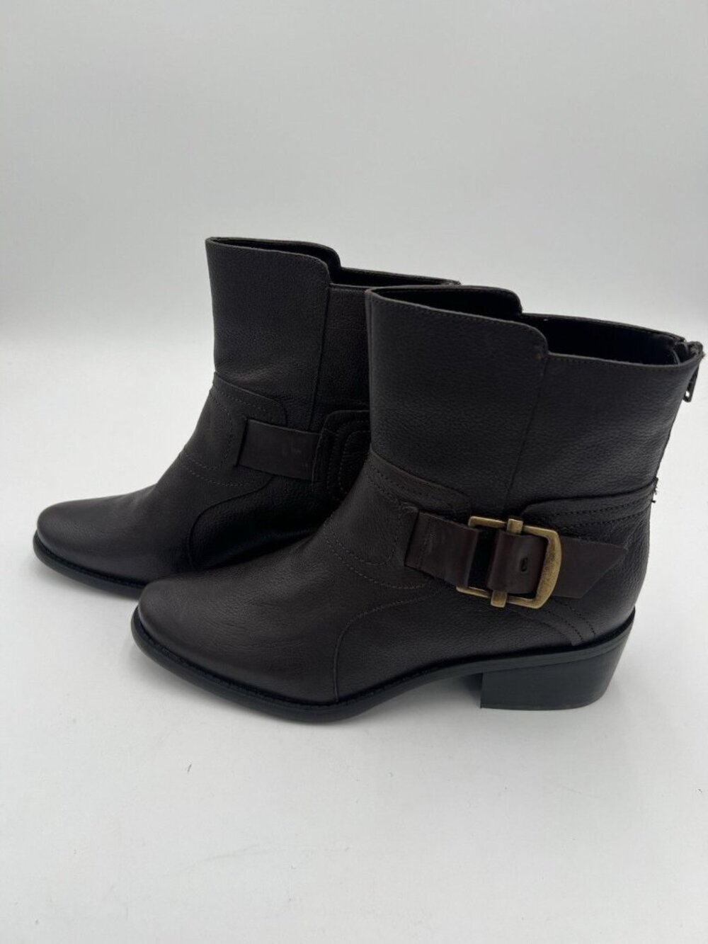 Nine West Sylvia Ankle Boots Brown Pebbled Leather Buckle Block Heel Size 9 NWOB - Picture 2 of 14